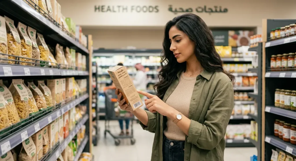 امرأة تقرأ ملصق المكونات الغذائية على منتج في السوبرماركت للتحقق من محتوى الفودماب