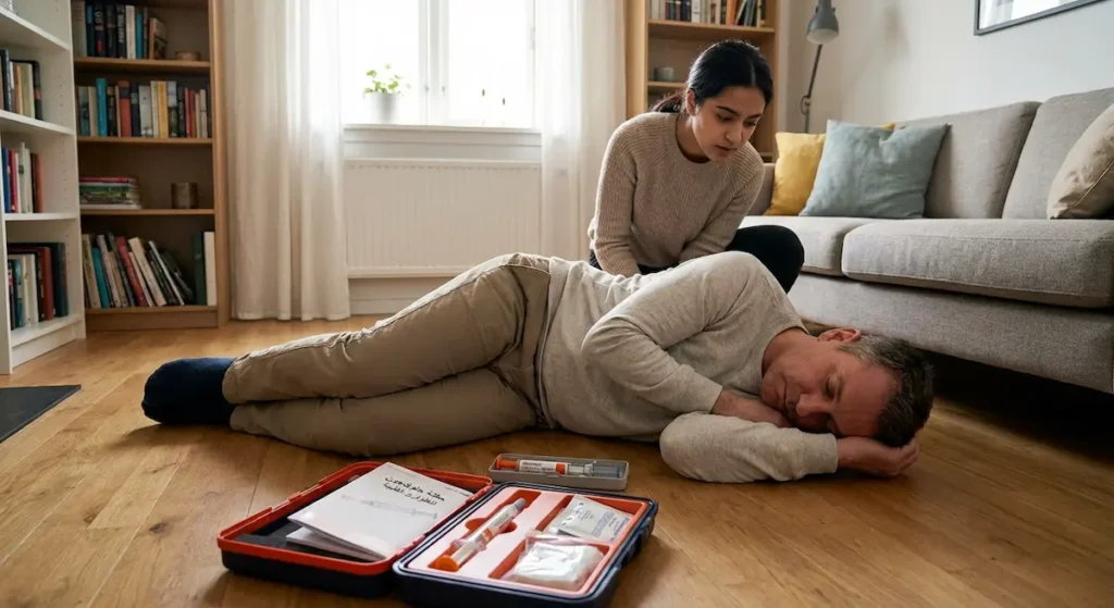 شخص مستلقٍ على جنبه في وضعية الإفاقة الطبية على أرضية منزل وبجانبه عُدة طوارئ تحتوي على حقنة جلوكاجون وشخص آخر يراقبه