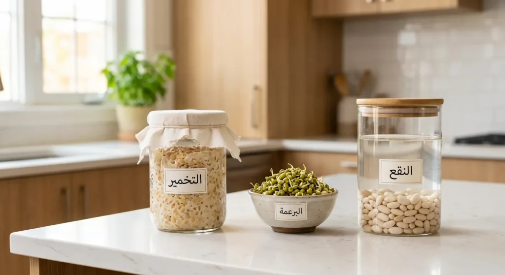 صورة تعرض ثلاث طرق لتقليل سكر الرافينوز: النقع في وعاء زجاجي والبرعمة في طبق والتخمير