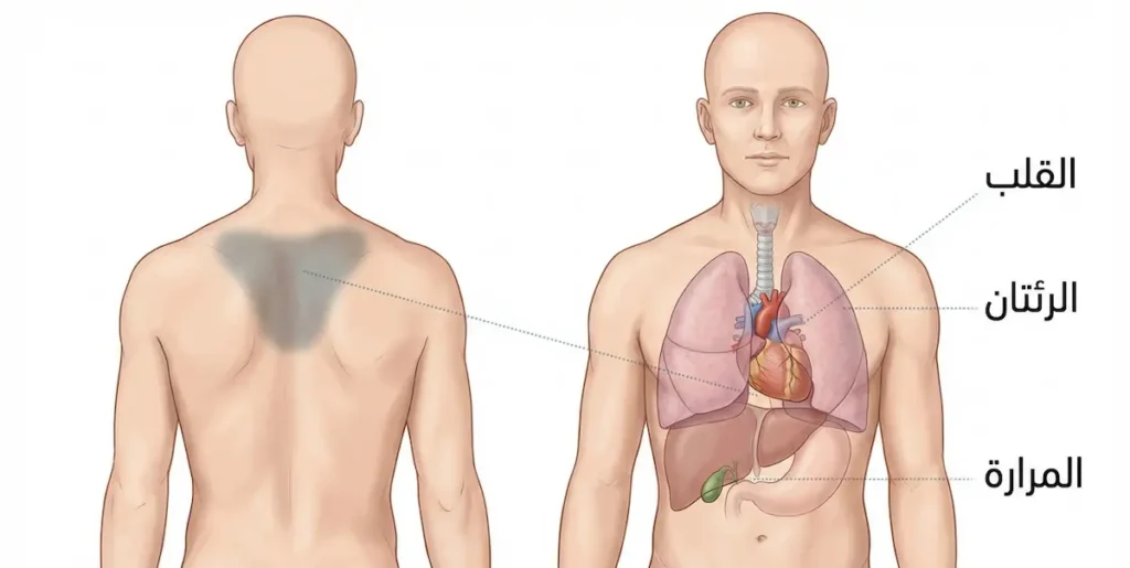 رسم توضيحي يُظهر العلاقة بين الأعضاء الداخلية كالقلب والرئتين والمرارة ومناطق الألم الرجيع في أعلى الظهر