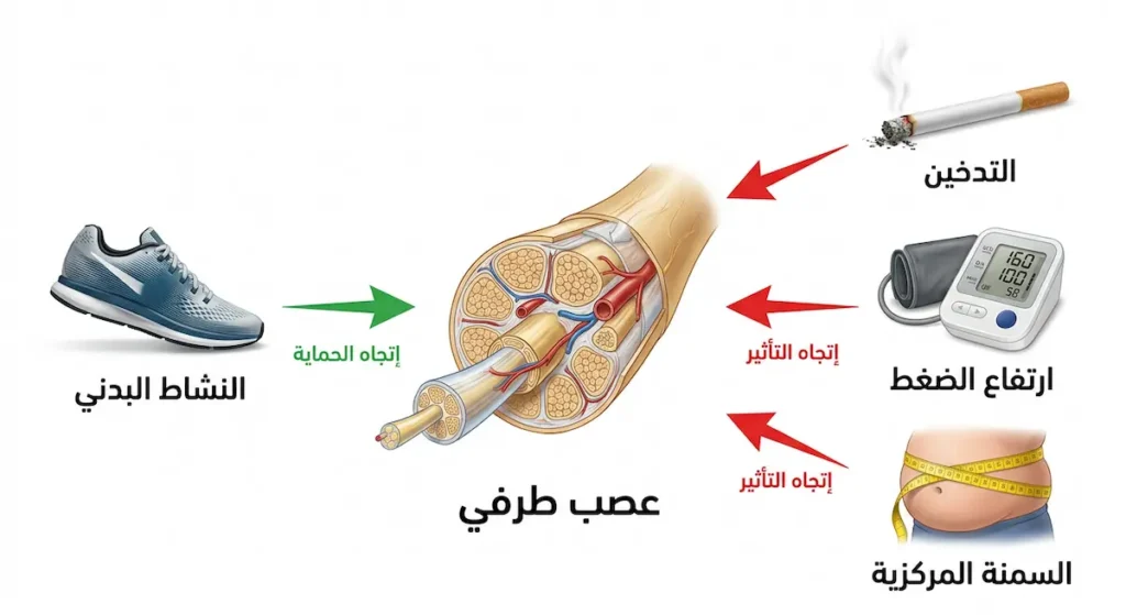 صورة توضيحية تُظهر عصباً طرفياً في المركز محاطاً بعوامل خطر تشمل التدخين وارتفاع الضغط والسمنة المركزية وعامل حماية وهو النشاط البدني