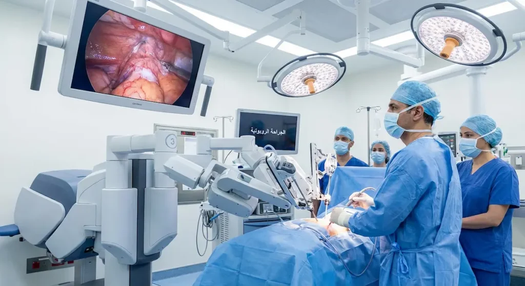 غرفة عمليات حديثة مع ذراع روبوتي جراحي وفريق طبي يُجري عملية طفيفة التوغل