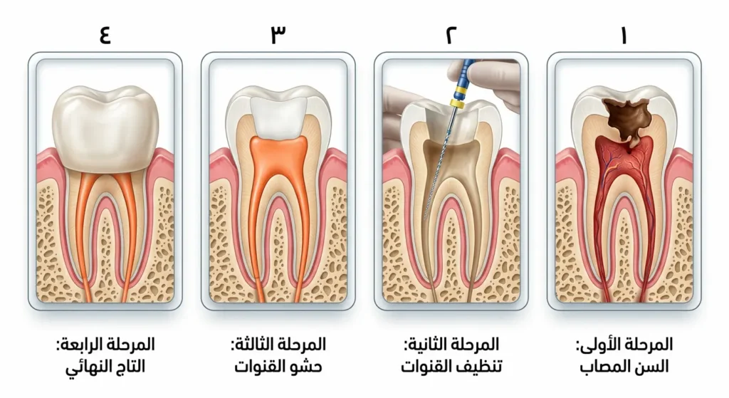 رسم توضيحي يُظهر المراحل الأربع لعلاج عصب السن من التنظيف إلى التتويج