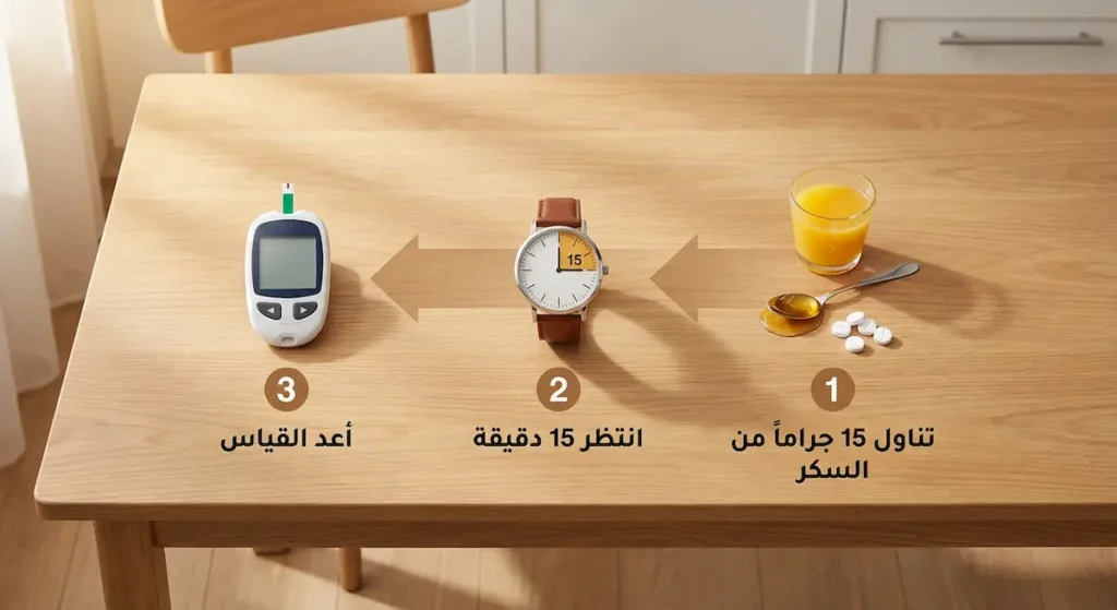 ثلاث خطوات لقاعدة 15-15 مرتبة من اليمين إلى اليسار تبدأ بتناول 15 جراماً من السكر ثم الانتظار 15 دقيقة ثم إعادة قياس السكر
