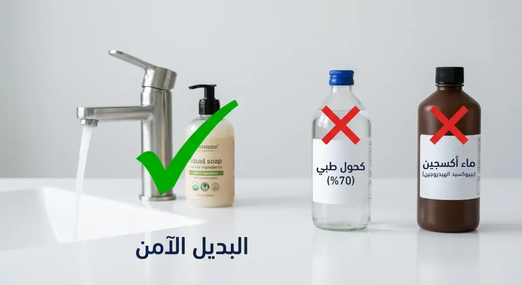 مقارنة توضح أن ماء الأكسجين والكحول غير مناسبين لتنظيف الجروح بينما الماء الجاري والصابون هو البديل الآمن