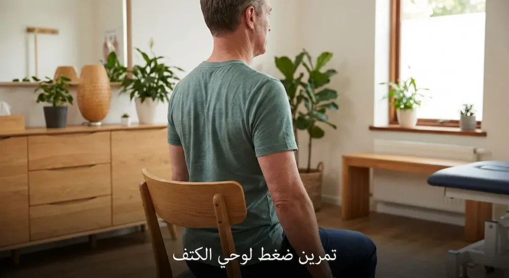 شخص يجلس بوضعية مستقيمة ويؤدي تمرين ضغط لوحي الكتف لتقوية عضلات أعلى الظهر