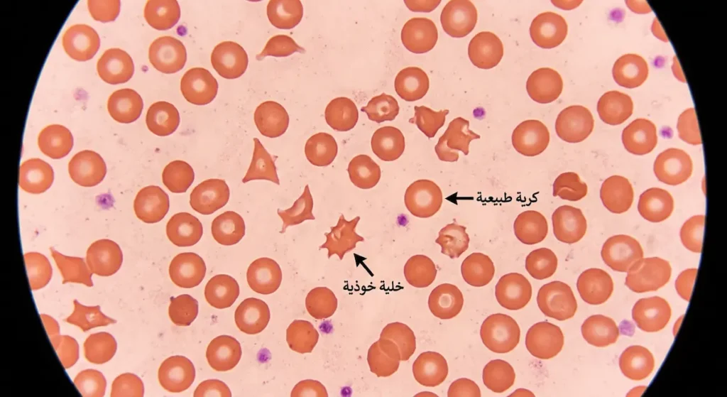 صورة مجهرية لمسحة دم تُظهر الخلايا الخوذية المتكسرة المميزة لمتلازمة انحلال الدم اليوريمية