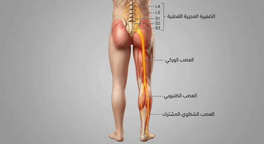 رسم تشريحي واقعي يُظهر العصب الوركي وهو يمتد من الضفيرة العجزية القطنية عبر الأرداف والفخذ ثم ينقسم إلى العصب الظنبوبي والعصب الشظوي المشترك