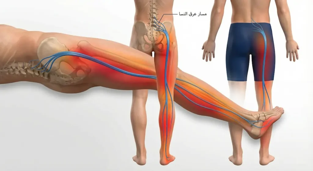  رسم تشريحي يُظهر مسار العصب الوركي من أسفل الظهر عبر الساق حتى القدم موضحاً انتشار ألم عرق النسا
