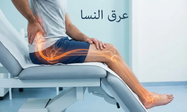 صورة توضيحية تُظهر شخصاً يعاني من ألم عرق النسا مع تمثيل بصري لمسار العصب الوركي من أسفل الظهر إلى القدم