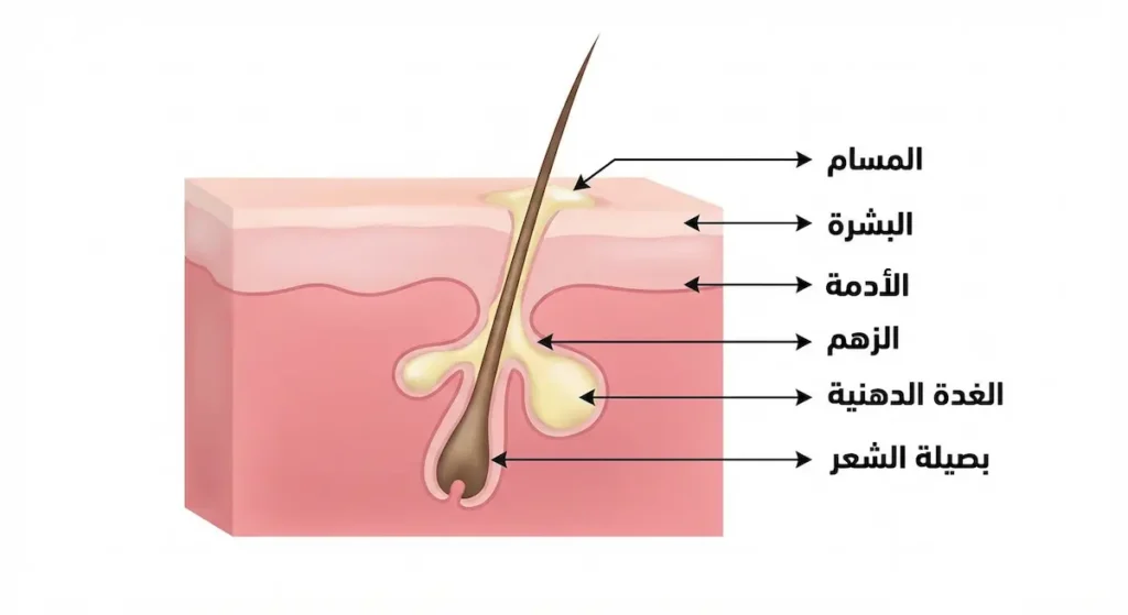 رسم توضيحي تشريحي يوضح طبقات الجلد والغدد الدهنية وكيفية إفراز الزهم عبر المسام
