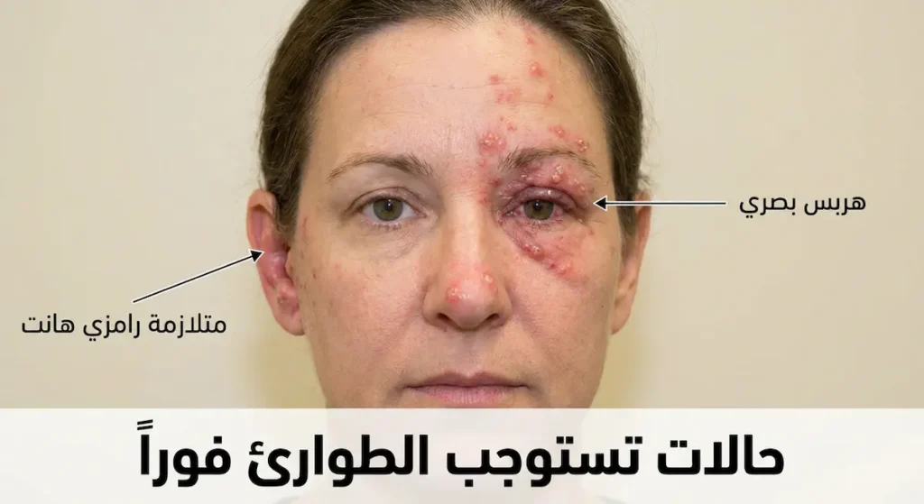 رسم طبي لوجه إنسان يُحدد منطقتي الخطر الرئيسيتين لمضاعفات الحزام الناري: الهربس البصري حول العين ومتلازمة رامزي هانت حول الأذن