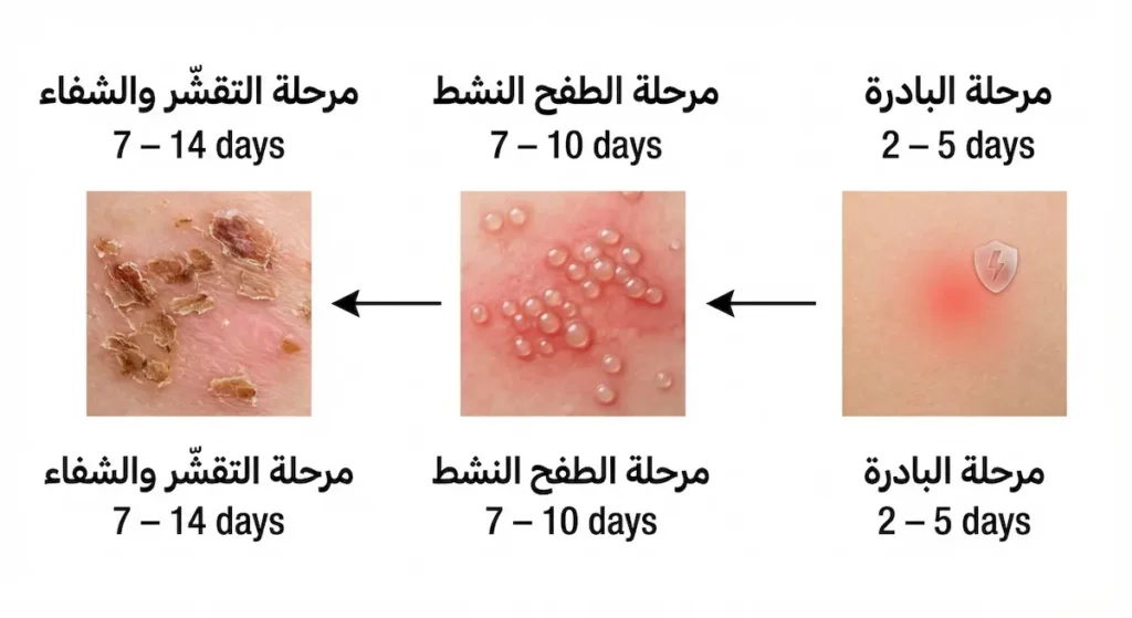 مخطط زمني يوضح المراحل الثلاث لتطور الحزام الناري من مرحلة البادرة إلى الطفح النشط ثم التقشّر والشفاء مع المدة الزمنية لكل مرحلة