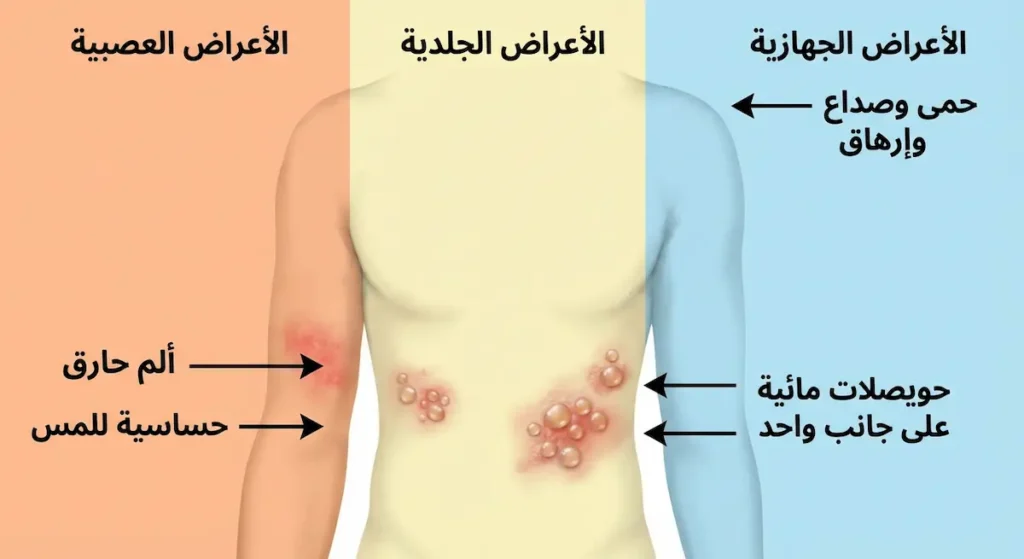 رسم تعليمي يوضح أعراض الحزام الناري مقسّمة إلى ثلاث مجموعات: عصبية وجلدية وجهازية مع موقع كل منها على الجسم