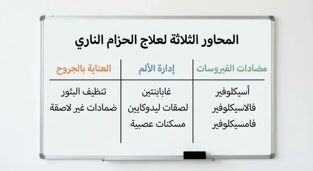 مخطط تنظيمي يوضح محاور علاج الحزام الناري الثلاثة: مضادات الفيروسات وإدارة الألم والعناية بالجروح مع أبرز الأدوية والإجراءات لكل محور