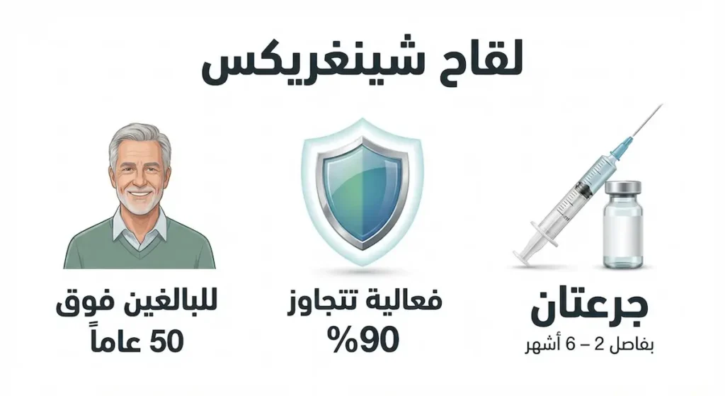 إنفوغرافيك يوضح أبرز معلومات لقاح شينغريكس: جرعتان بفاصل 2 إلى 6 أشهر وفعالية تتجاوز 90 بالمئة وموصى به للبالغين فوق 50 عاماً