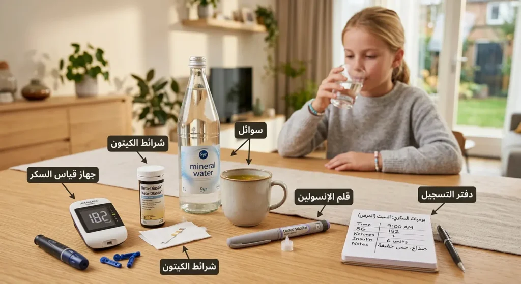 أدوات إدارة السكري أثناء المرض تشمل جهاز قياس السكر وشرائط الكيتون والسوائل والإنسولين ودفتر التسجيل