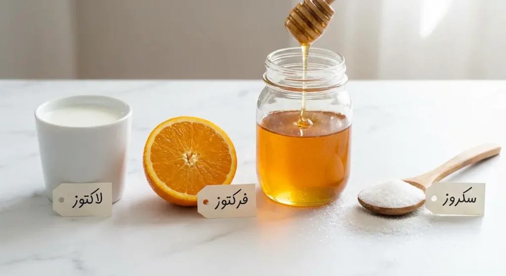 صورة توضح مصادر الكربوهيدرات البسيطة تشمل السكر الأبيض والعسل والبرتقالة والحليب مع تسميات أنواع السكريات