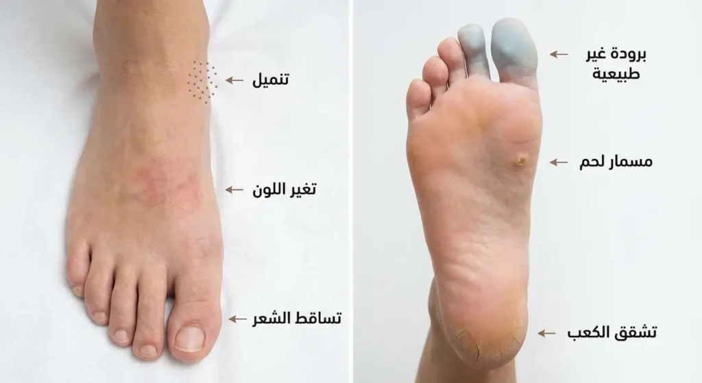 صورة توضيحية طبية تعرض ست علامات تحذيرية مبكرة للقدم السكري تشمل التنميل وتغير اللون ومسمار اللحم وتشقق الكعب وتساقط الشعر والبرودة غير الطبيعية