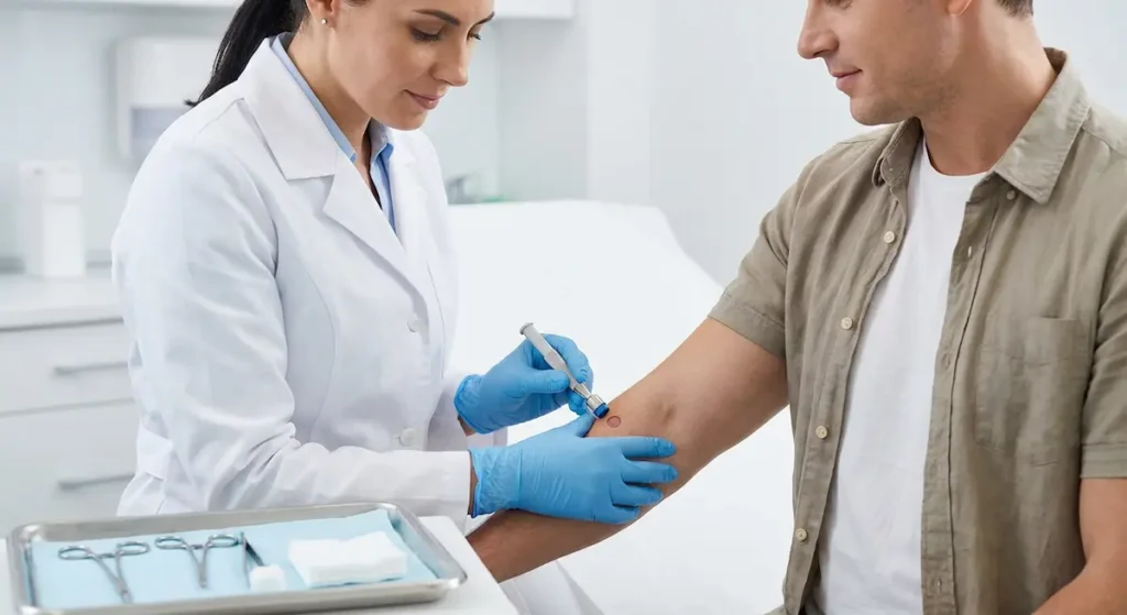  طبيب يُجري خزعة جلدية تشخيصية على ذراع مريض في عيادة طبية