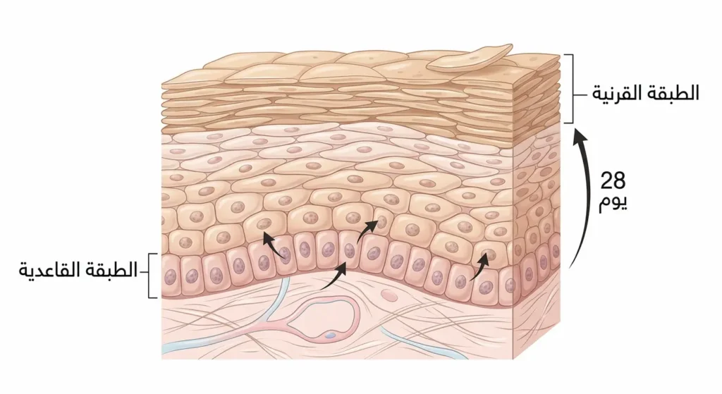 رسم توضيحي علمي يُظهر طبقات البشرة من الطبقة القاعدية إلى الطبقة القرنية ودورة تجدد الخلايا كل 28 يوماً