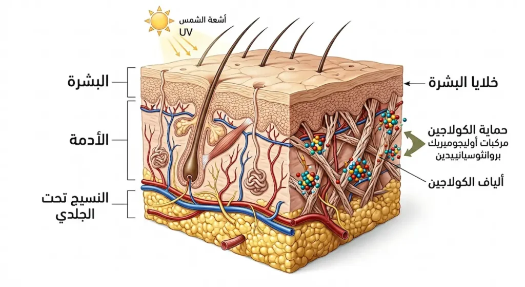 رسم تشريحي لطبقات الجلد يوضح حماية مركبات OPCs لألياف الكولاجين