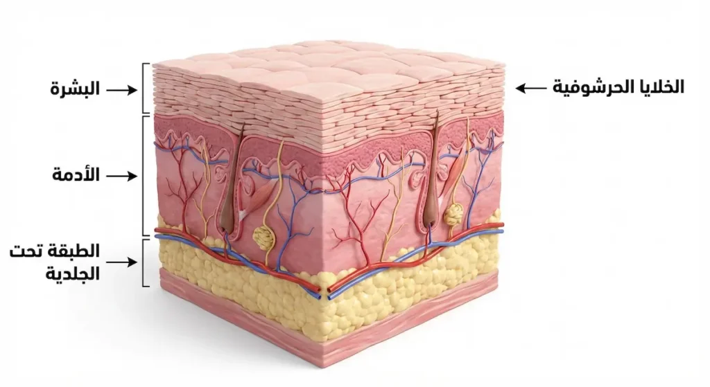 مقطع تشريحي توضيحي لطبقات الجلد الثلاث يُظهر موقع الخلايا الحرشوفية في طبقة البشرة