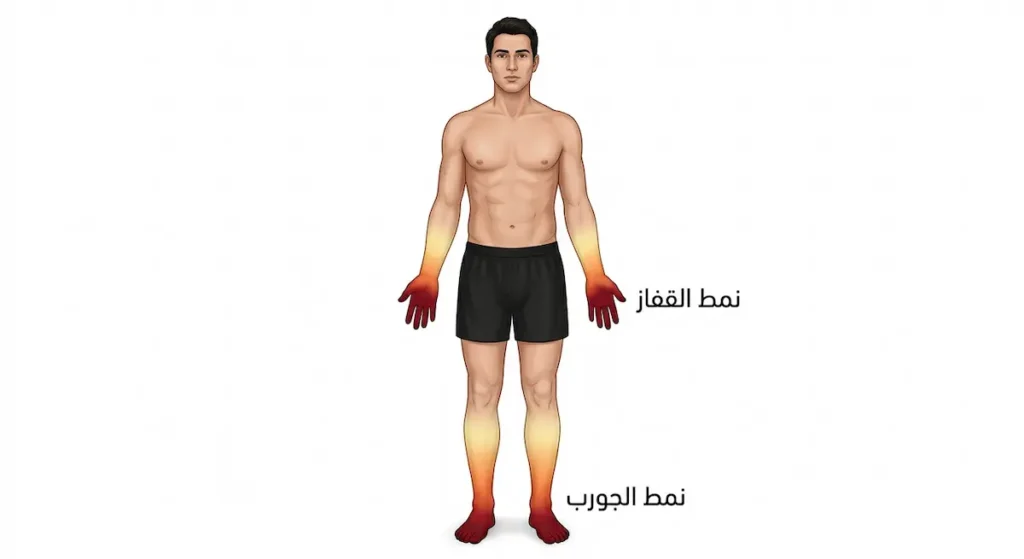 رسم توضيحي لجسم بشري يُظهر نمط الجورب والقفاز في توزع أعراض التهاب الأعصاب السكري بتدرج لوني يبدأ من أطراف الأصابع