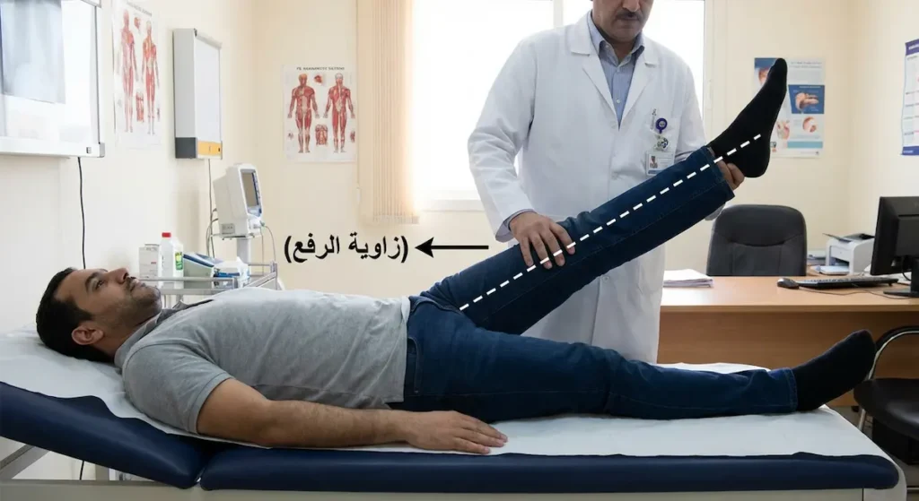  طبيب يُجري اختبار رفع الساق المستقيمة لمريض مستلقٍ على سرير الفحص لتشخيص ضغط العصب