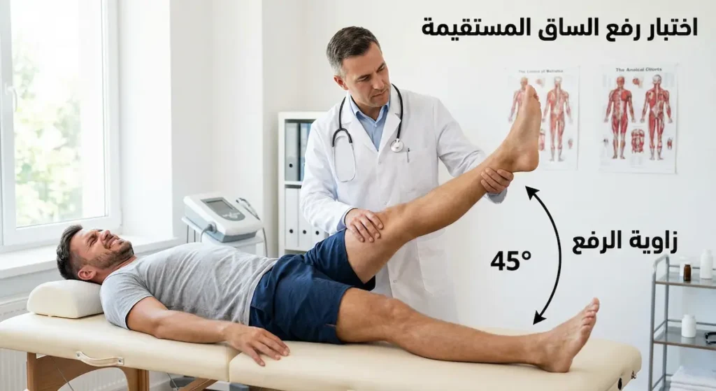 طبيب يُجري اختبار رفع الساق المستقيمة لمريض مستلقٍ لتشخيص انضغاط العصب الوركي