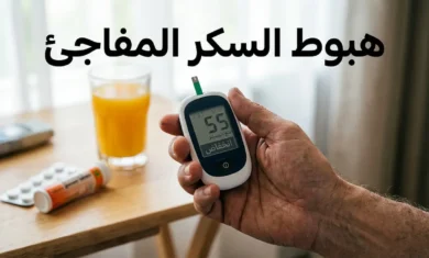 يد تمسك جهاز قياس سكر الدم يعرض قراءة منخفضة مع كوب عصير برتقال وأقراص جلوكوز في الخلفية وعبارة هبوط السكر المفاجئ