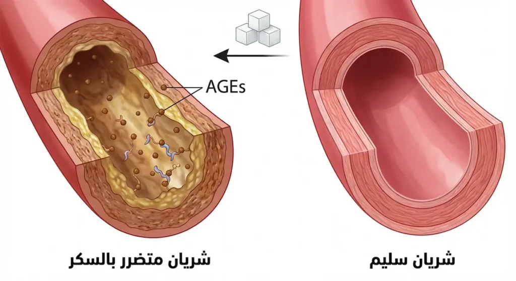مقارنة بين شريان سليم وشريان متضرر بسبب ارتباط السكر بالبروتينات وتكون مركبات AGEs