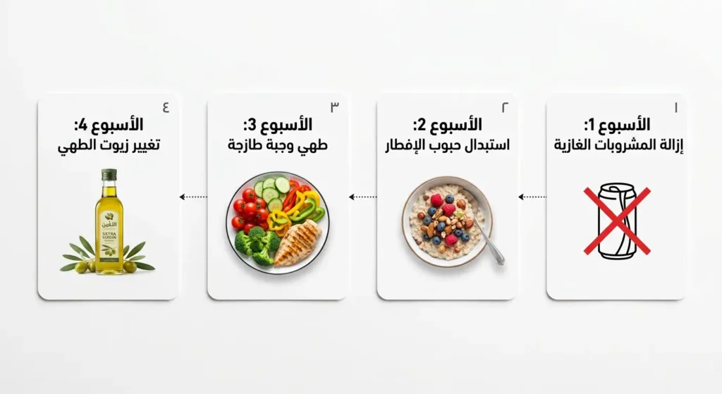 جدول بصري يوضح خطة الانسحاب التدريجي من السكر والأطعمة المعالجة على مدى أربعة أسابيع