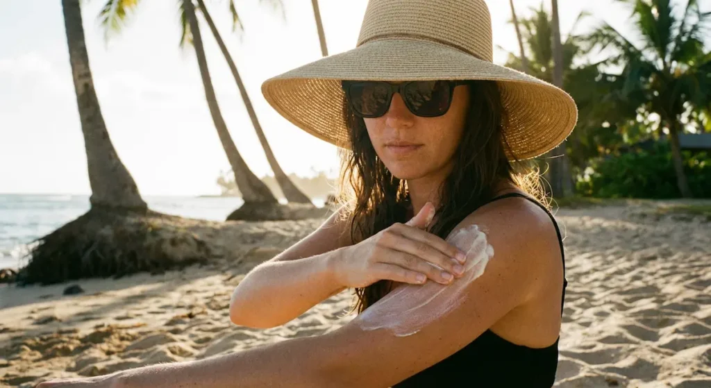  شخص يطبق إجراءات الحماية من الشمس بارتداء قبعة ونظارات شمسية ووضع واقي الشمس