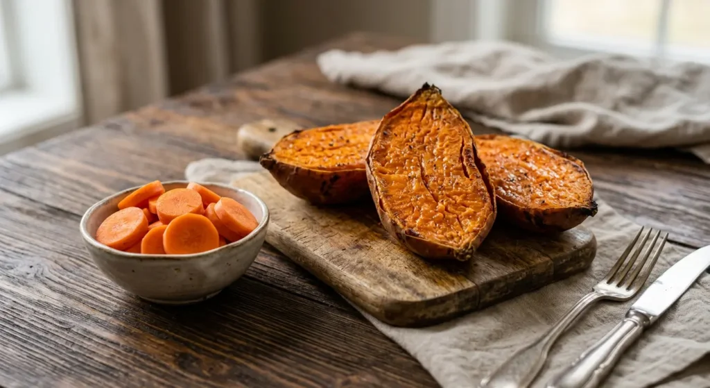 بطاطا حلوة وجزر طازج يُعتبران من أغنى المصادر الغذائية بمادة البيتا كاروتين التي تحمي البشرة من أضرار الشمس