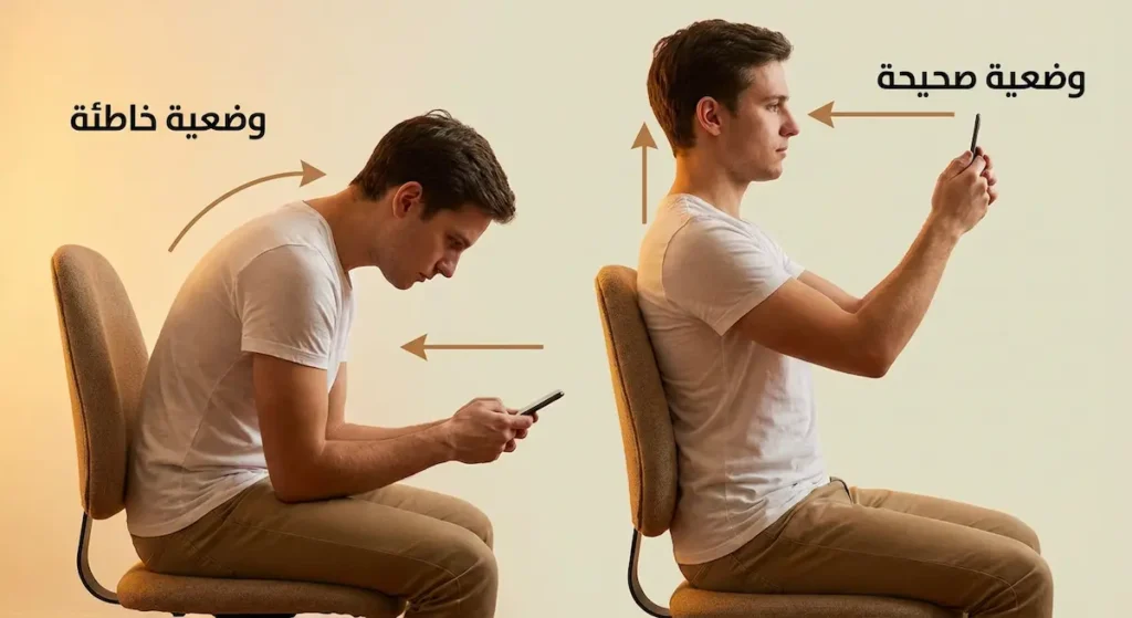 مقارنة بين وضعية الجلوس الصحيحة والخاطئة أثناء استخدام الهاتف الذكي وتأثيرها على الرقبة والظهر