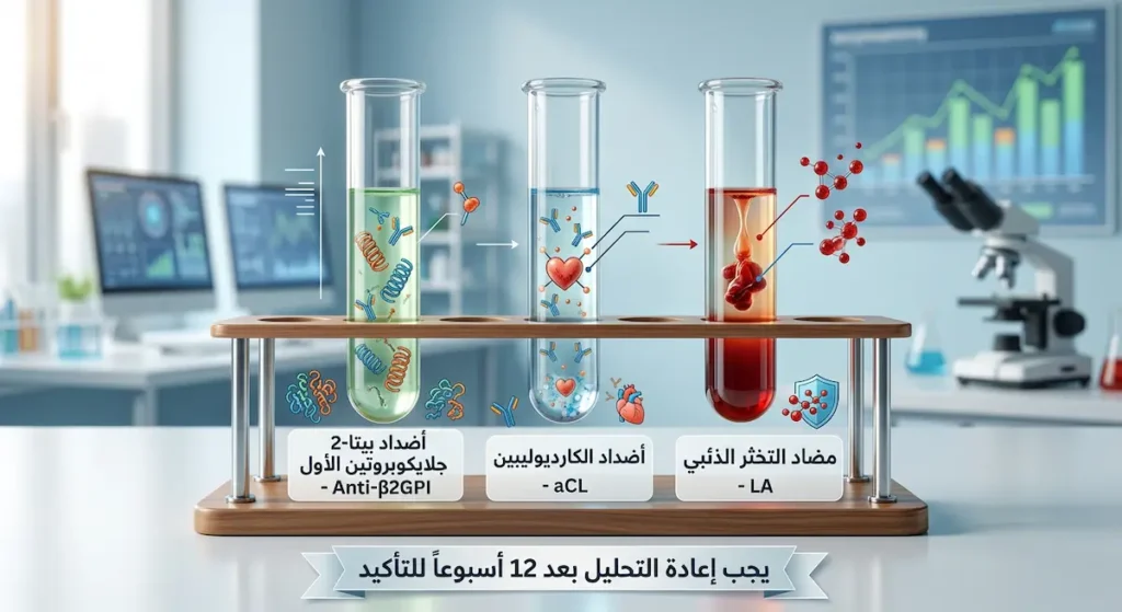  رسم توضيحي يُظهر التحاليل الثلاثة لتشخيص متلازمة أضداد الفوسفوليبيد: مضاد التخثر الذئبي وأضداد الكارديوليبين وأضداد بيتا-2 جلايكوبروتين الأول