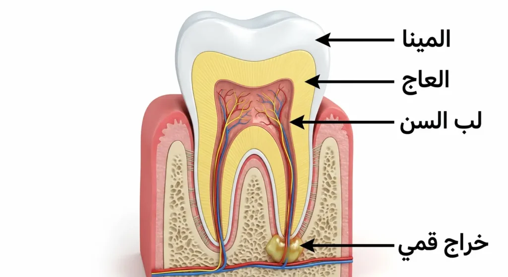 مقطع طولي في سن بشري يوضح طبقات المينا والعاج ولب السن وموقع الخراج القمي