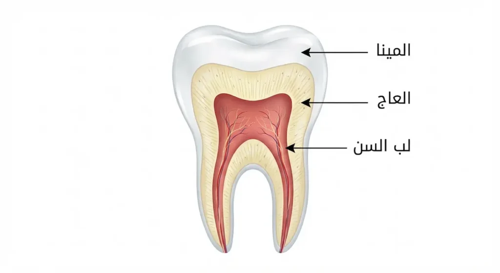 مقطع طولي تشريحي للسن يوضح طبقات المينا والعاج ولب السن مع التسميات العربية