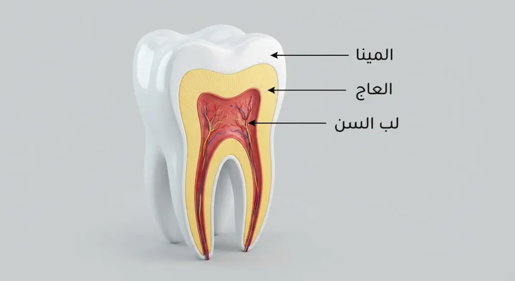  مقطع طولي تشريحي لسن بشري يوضح طبقات المينا والعاج ولب السن مع التسميات العربية
