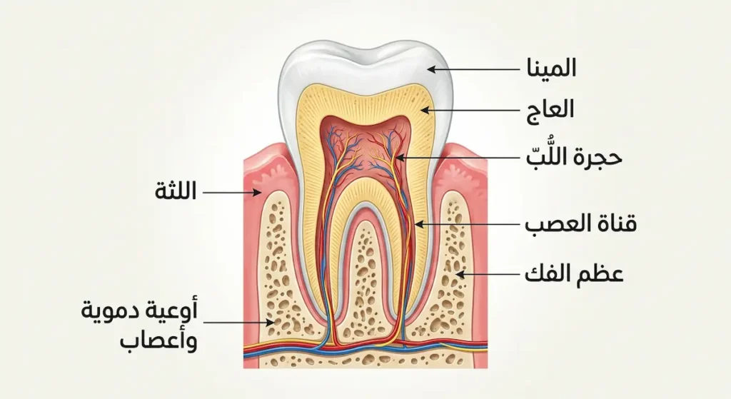 مقطع طولي تشريحي للسن يُظهر طبقة المينا الخارجية ثم العاج ثم حجرة اللُّبّ التي تحتوي على الأعصاب والأوعية الدموية