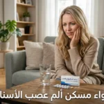 امرأة شقراء تضع يدها على خدها بسبب ألم الأسنان وأمامها علبة دواء مسكن مع عبارة دواء مسكن ألم عصب الأسنان