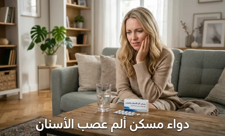 امرأة شقراء تضع يدها على خدها بسبب ألم الأسنان وأمامها علبة دواء مسكن مع عبارة دواء مسكن ألم عصب الأسنان