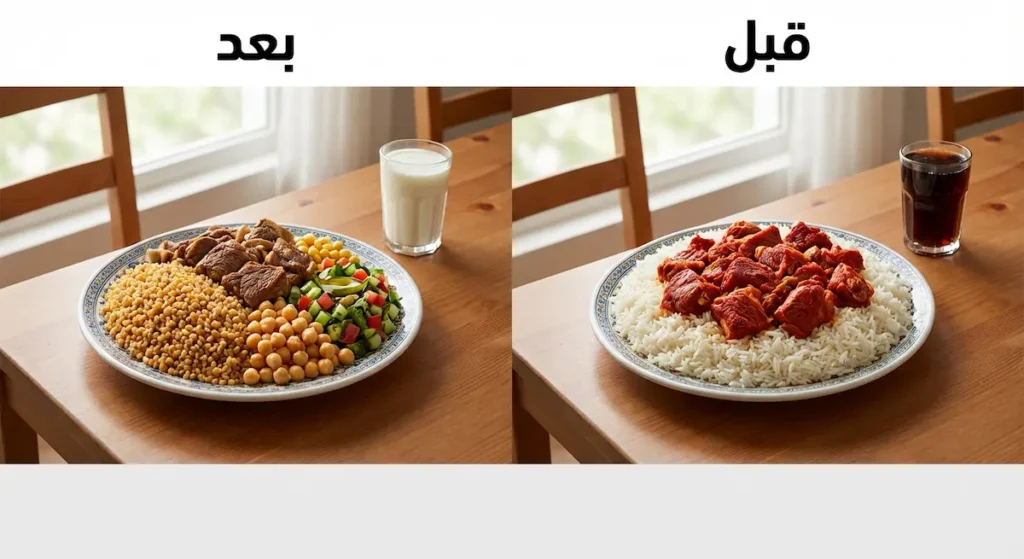 مقارنة بين طبق كبسة تقليدي قبل التعديل وبعد تحويله إلى وجبة متوافقة مع حمية البحر المتوسط