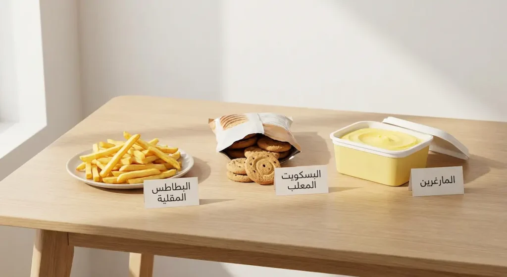 صورة واقعية لأطعمة تحتوي على دهون متحولة تشمل المارغرين والبسكويت المعلب والبطاطس المقلية