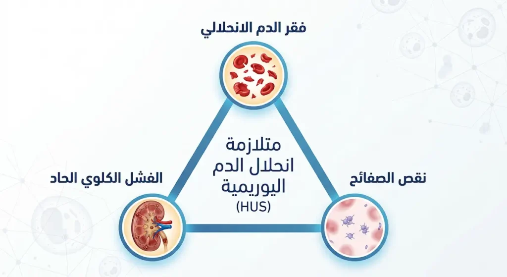 رسم تخطيطي مثلثي يوضح الثلاثية المرضية لمتلازمة انحلال الدم اليوريمية: فقر الدم الانحلالي ونقص الصفائح والفشل الكلوي