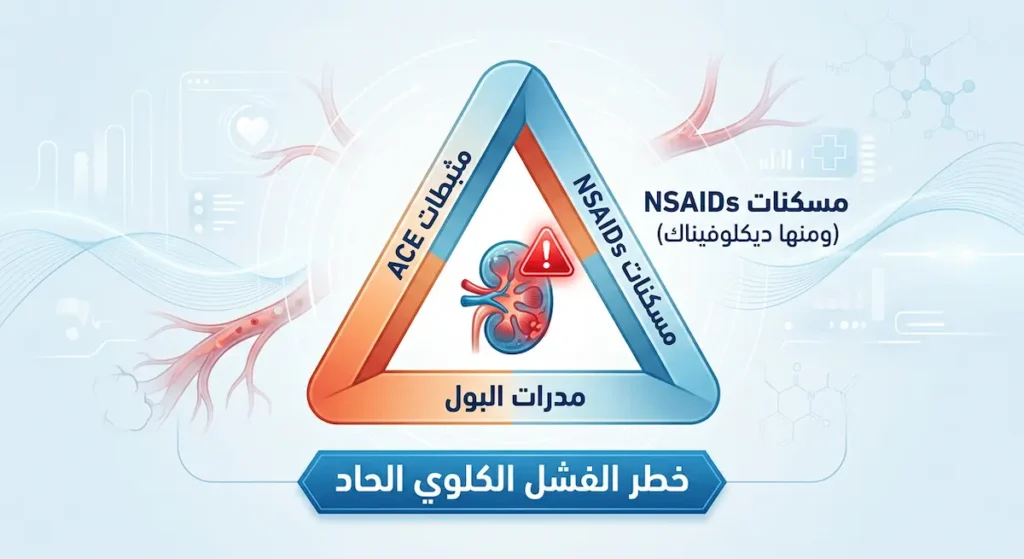 رسم توضيحي لمفهوم المثلث القاتل يوضح خطر الجمع بين مسكنات NSAIDs ومدرات البول ومثبطات ACE على الكلى