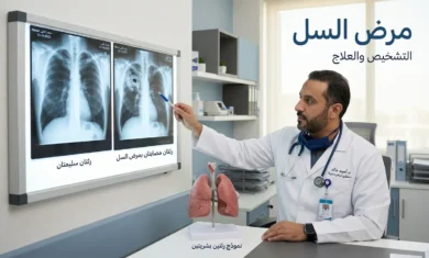 غلاف مقال طبي يُظهر طبيباً يفحص صورة أشعة سينية للصدر مع عنوان مرض السل
