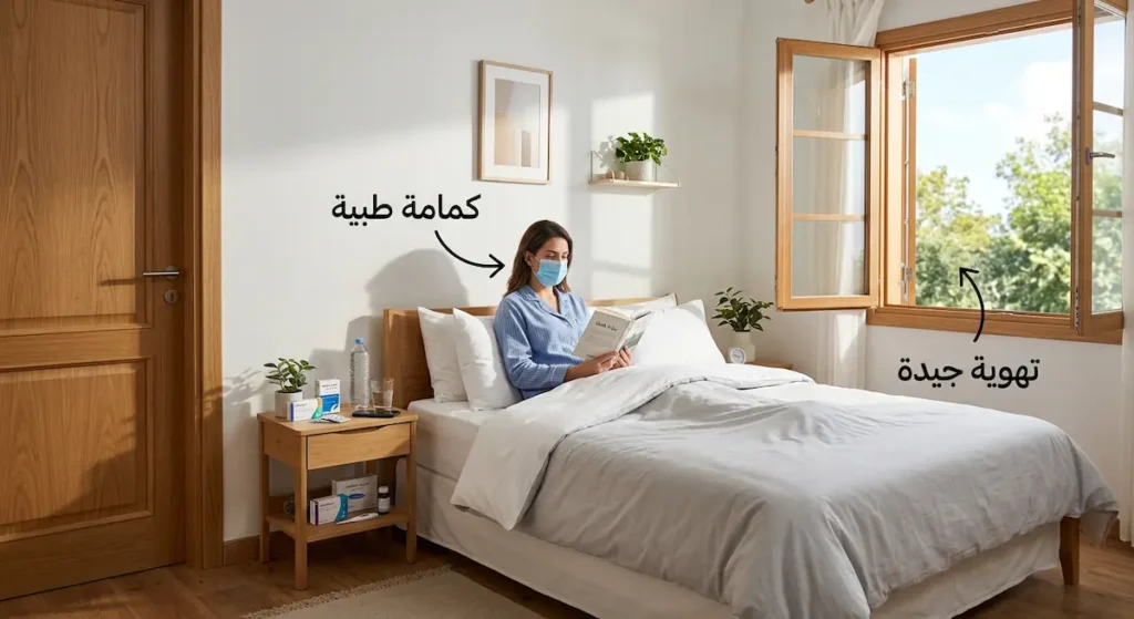  صورة توضيحية لغرفة عزل منزلية لمريض السل تُظهر نافذة مفتوحة للتهوية ومريضاً يرتدي كمامة طبية