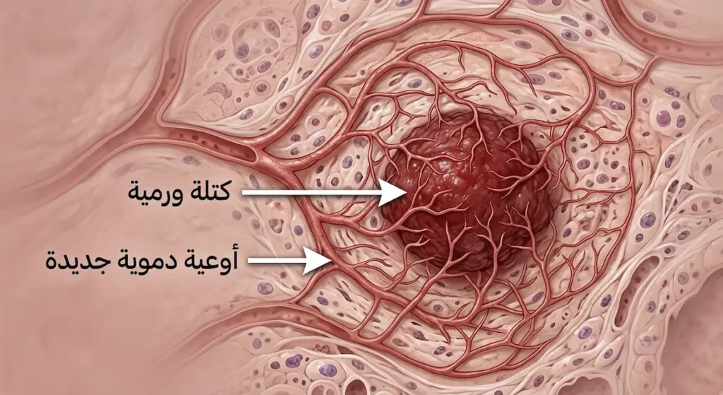  رسم توضيحي طبي يُظهر كتلة ورمية تُحفز نمو أوعية دموية جديدة حولها لتغذيتها بالأكسجين والمواد الغذائية
